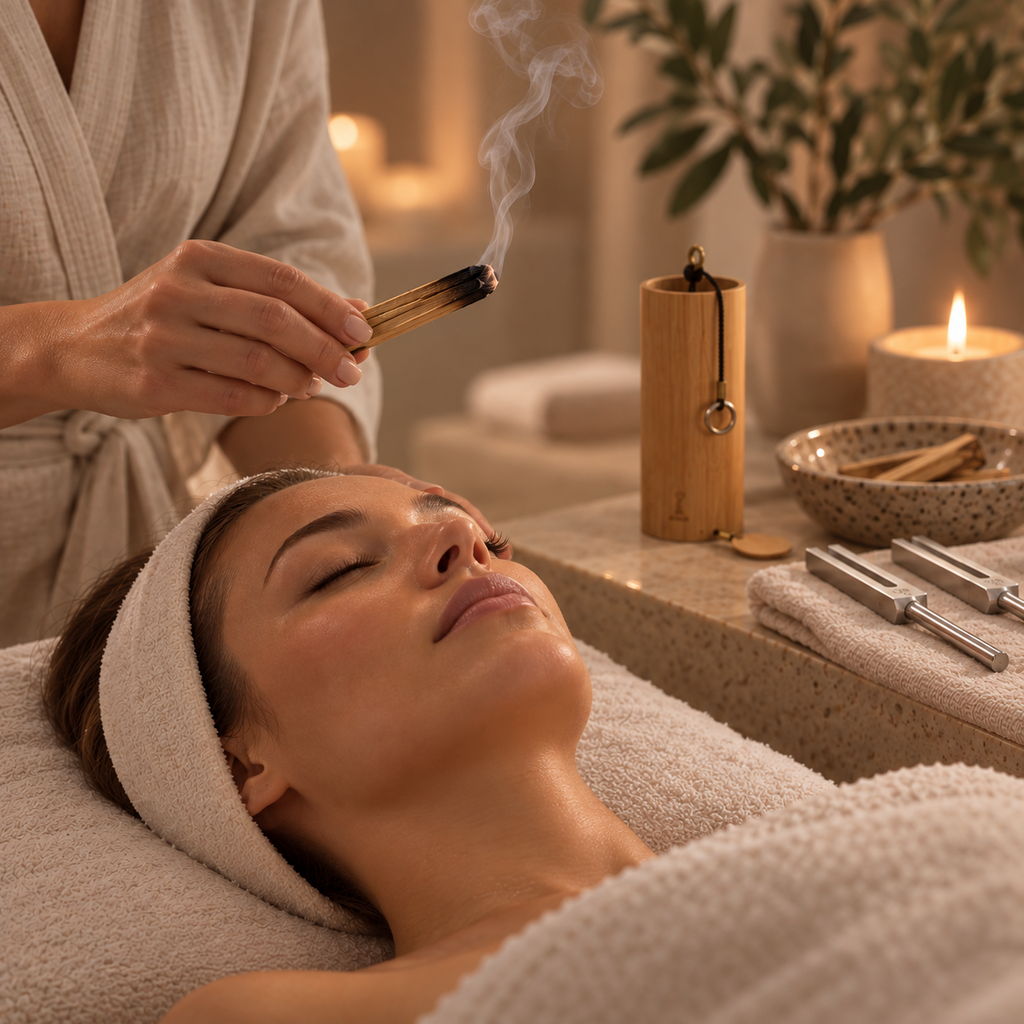 Woman lying down having a  Holistic Facial Treatment which includes koshi chimes, palo santo burning, tuning forks and sound & energy healing